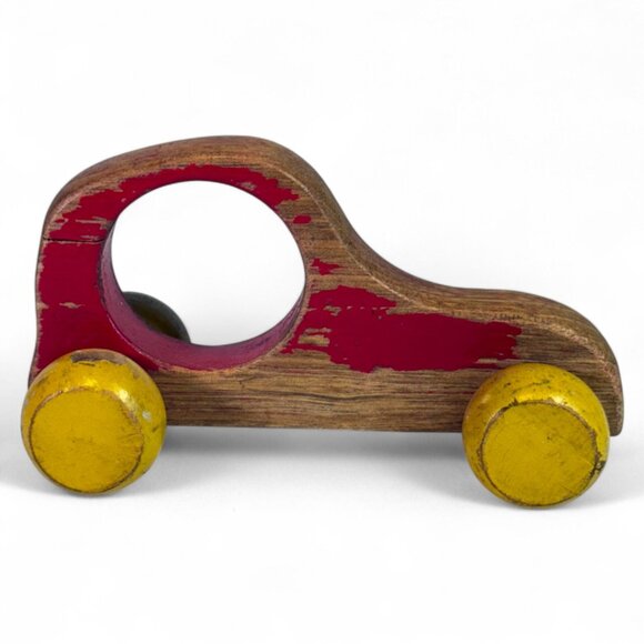 Vintage Handmade Wooden Push Car Red & Yellow Globe Wheels Toddler Toy - Picture 4 of 8